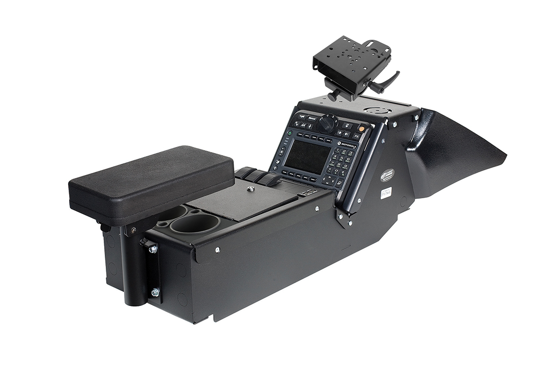 Gamber Johnson Dodge Charger Police Package (2011+) console box with cup holder, armrest and 6" locking slide arm motion attachment 7170-0137-05