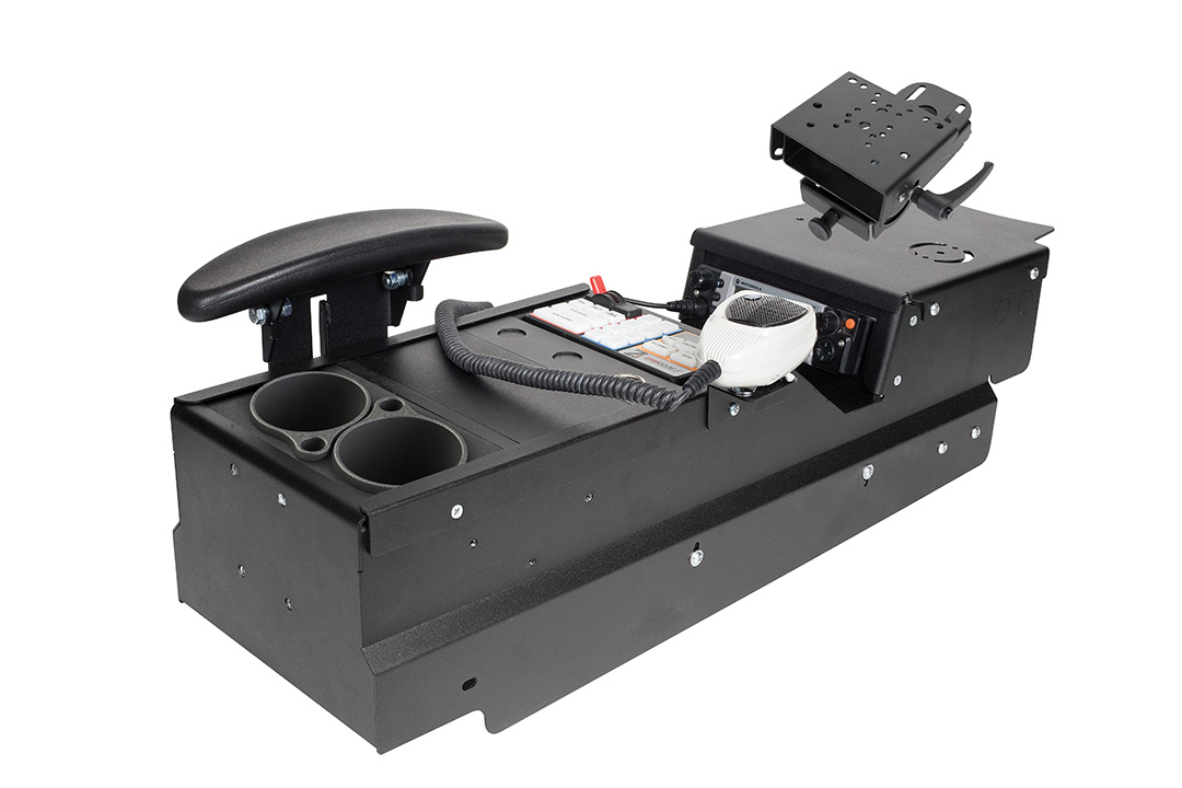 Gamber Johnson Chevrolet Caprice Police Patrol Vehicle (2014+) console box with cup holder, arm rest and 6" locking slide arm motion attachment 7170-0221-05
