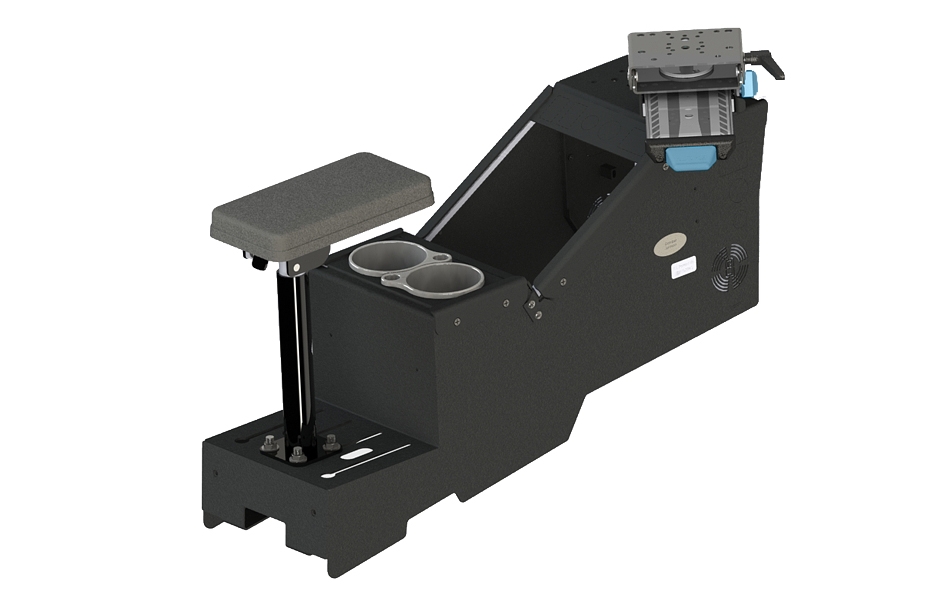 Gamber Johnson 2020+ Ford Police Interceptor Utility Short Console Box with Cup Holder, Armrest, and Mongoose® XE 9" Motion Attachment 7170-0735-09