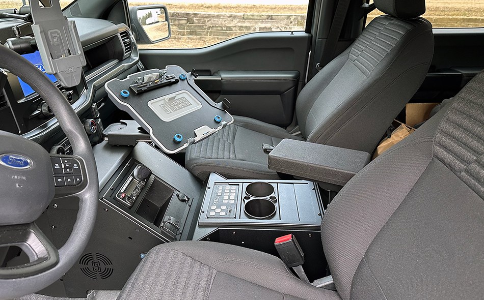 Gamber-Johnson 2021+ Ford F-150 Wide-To-Narrow Console Box with Cup Holder, Tall Armrest & Mongoose XLE 9" (7170-1077-02) - Image 2
