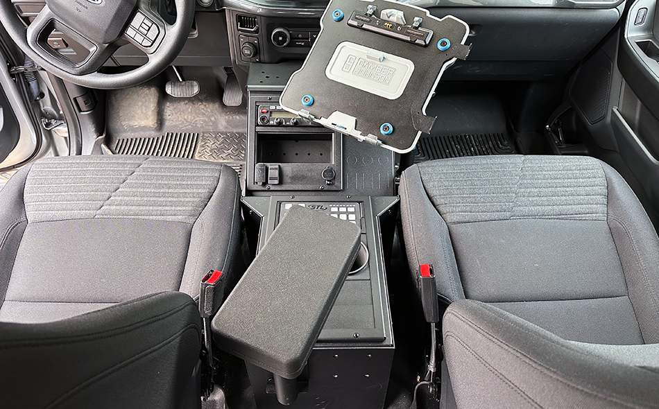 Gamber-Johnson 2021+ Ford F-150 Wide-To-Narrow Console Box with Printer Mount, Cup Holder, Tall Armrest & Mongoose XLE 9" (7170-1078-02) - Image 3