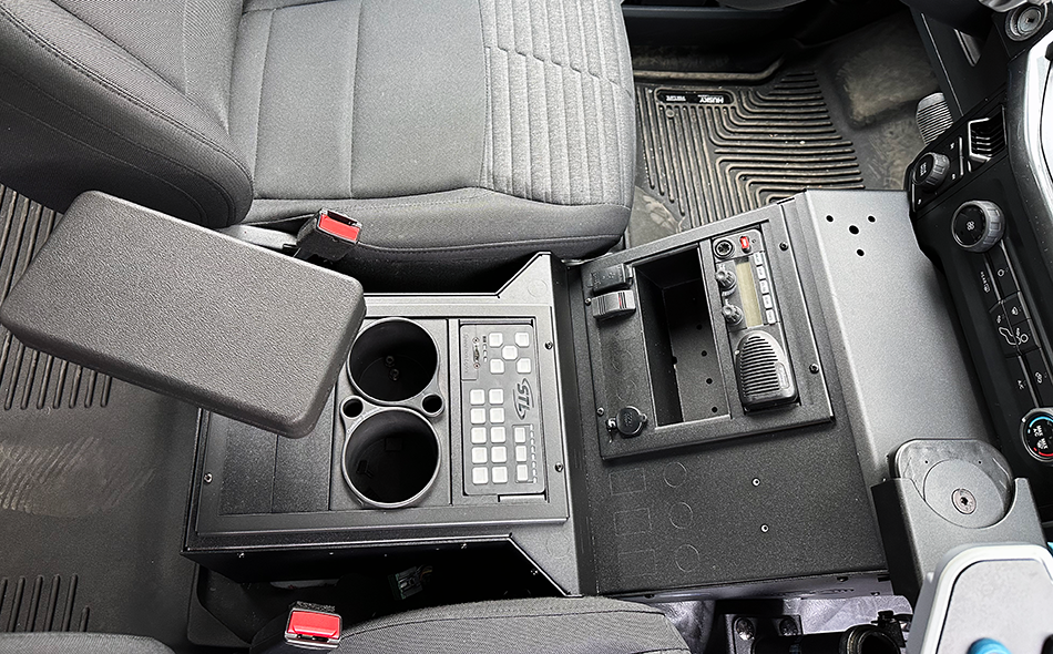 Gamber-Johnson 2021+ Ford F-150 Wide-To-Narrow Console Box with Cup Holder, Tall Armrest & Mongoose XLE 9" (7170-1077-02) - Image 5