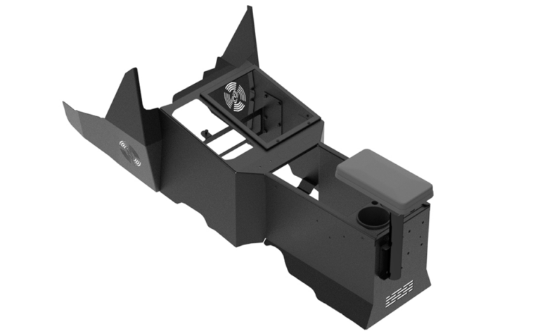Gamber-Johnson 2022+ Ford F-150 Lightning Wide-to-Narrow Console Box with Cup Holder, Tall Rear Armrest and Mongoose ® XLE 9" Motion Attachment (7170-1046-02)